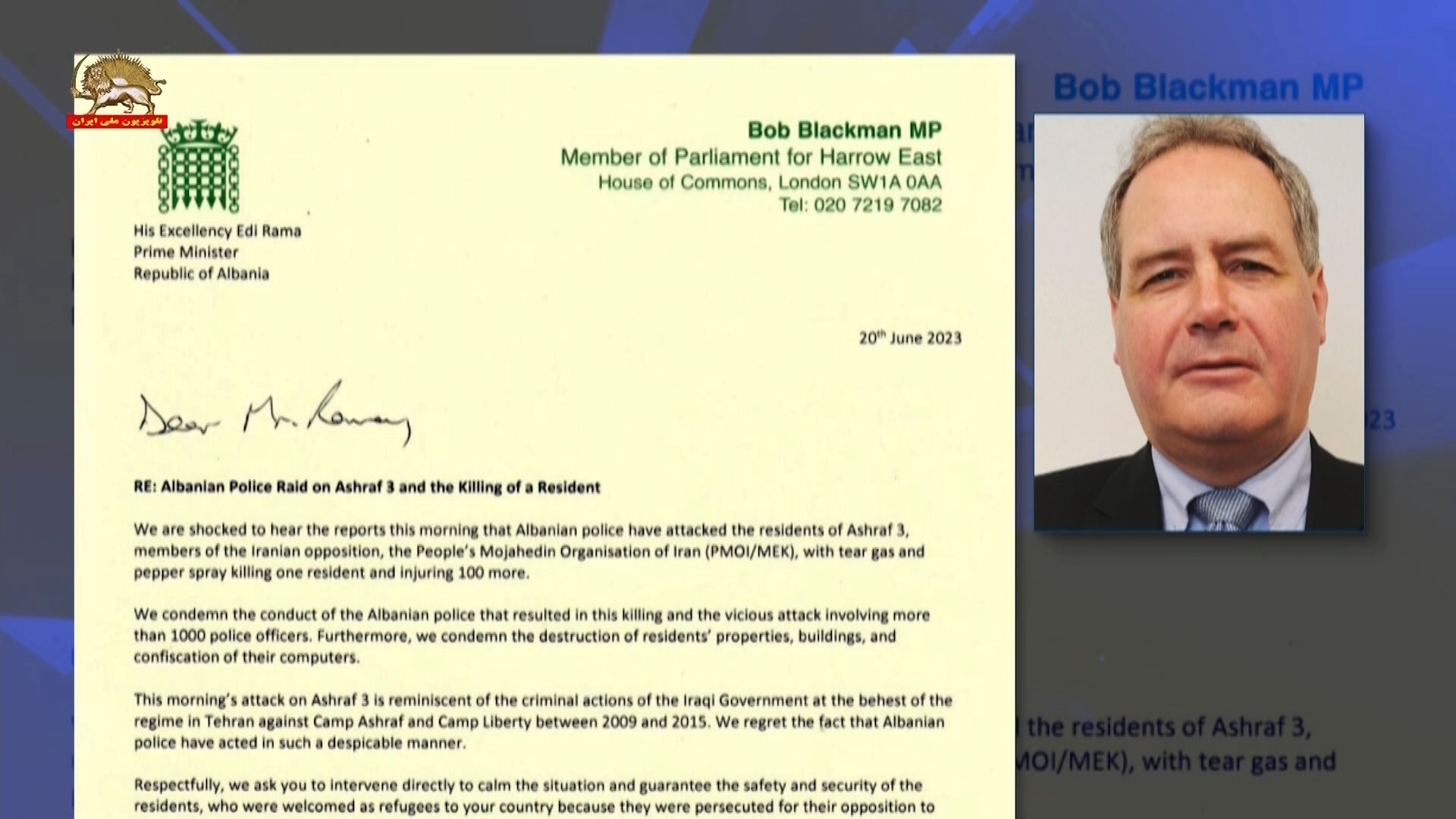 نامه باب بلکمن رئیس مشترک کمیته بین_المللی نمایندگان پارلمان برای ایران آزاد 